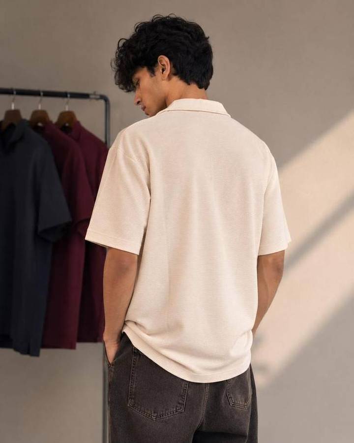Knitted Open Collar Polo in Off White