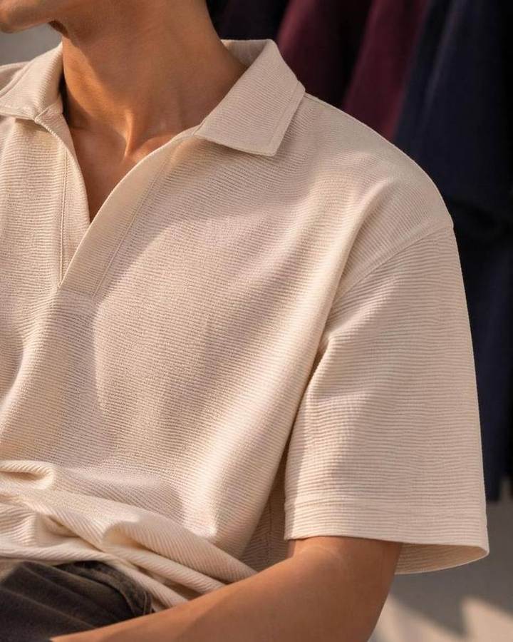 Knitted Open Collar Polo in Off White