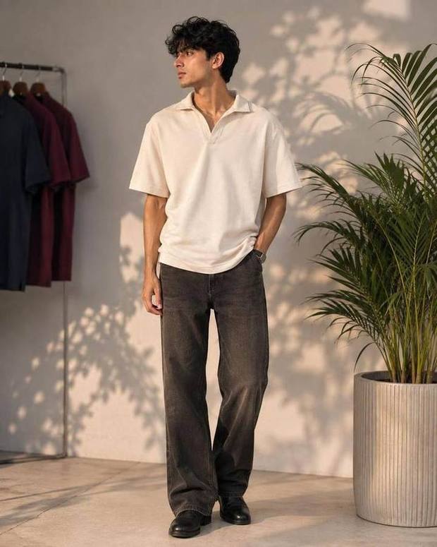 Knitted Open Collar Polo in Off White
