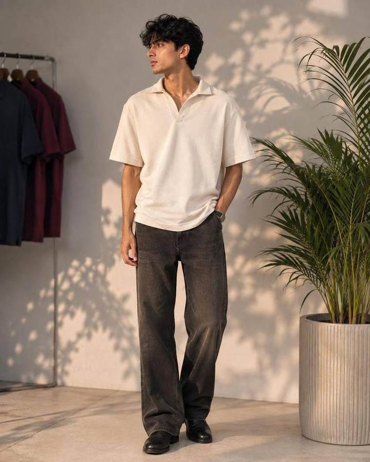 Knitted Open Collar Polo in Off White