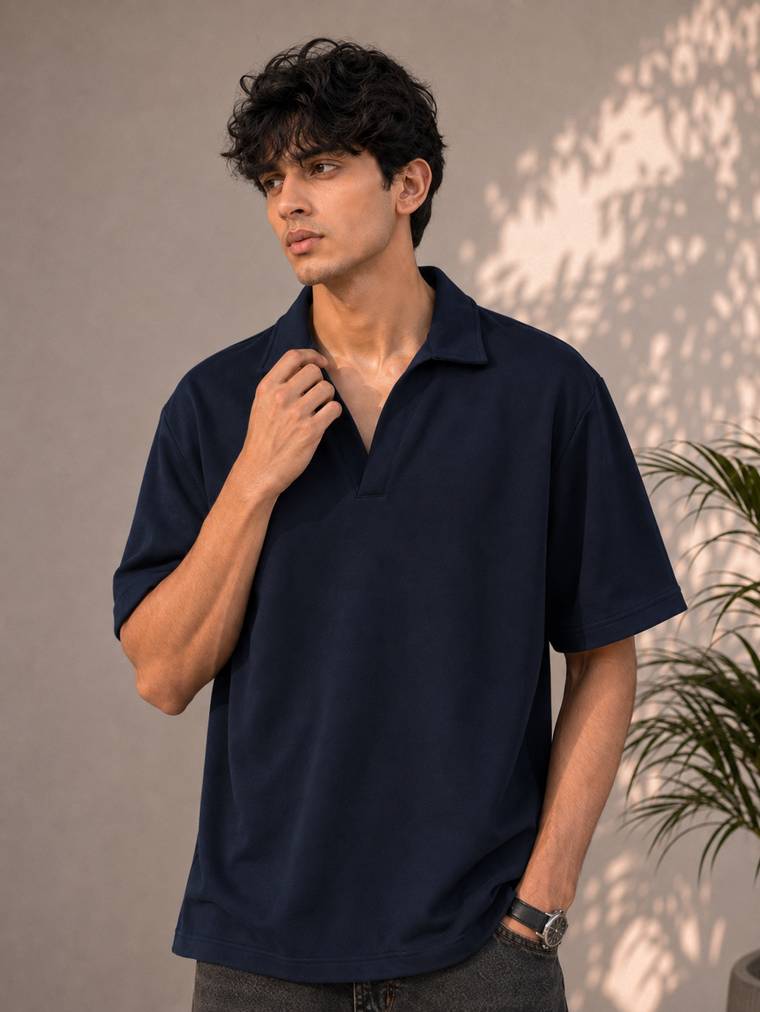 Knitted Open Collar Polo in Navy