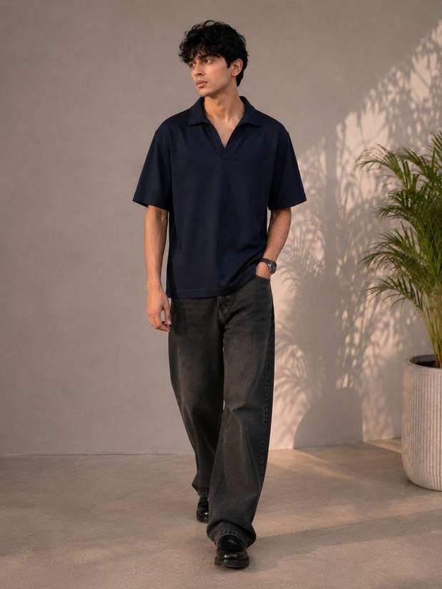 Knitted Open Collar Polo in Navy