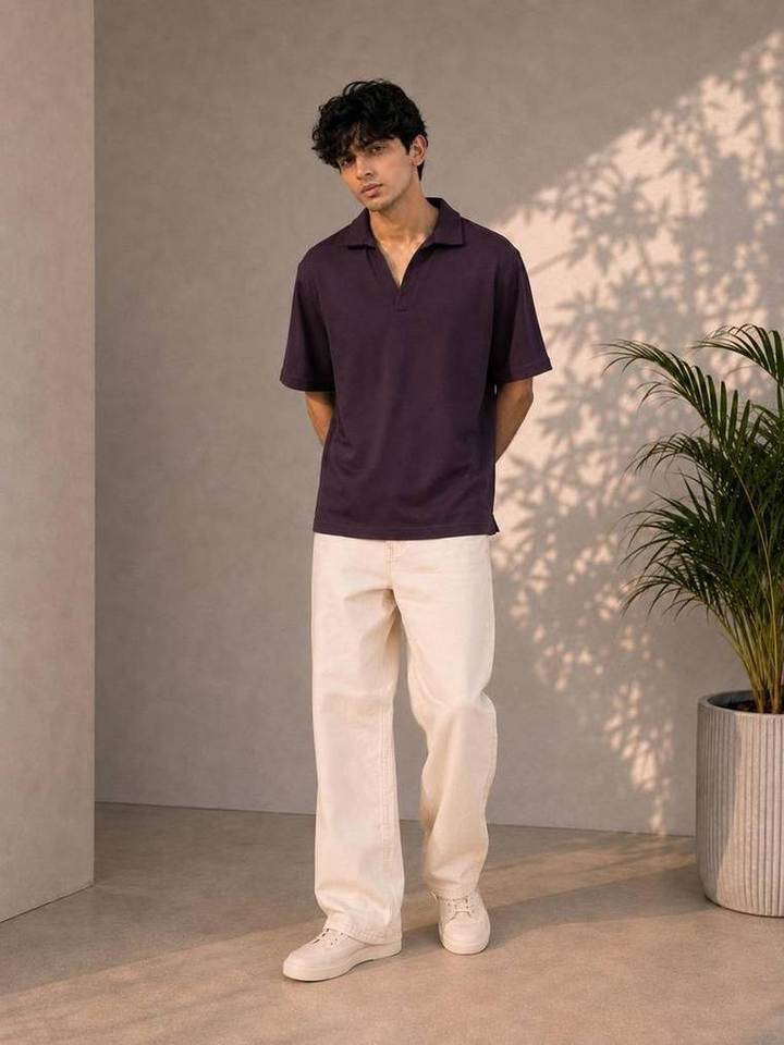 Knitted Open Collar Polo in Burgundy