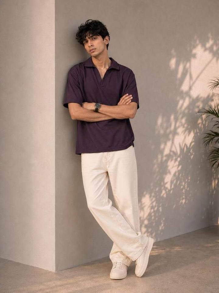 Knitted Open Collar Polo in Burgundy