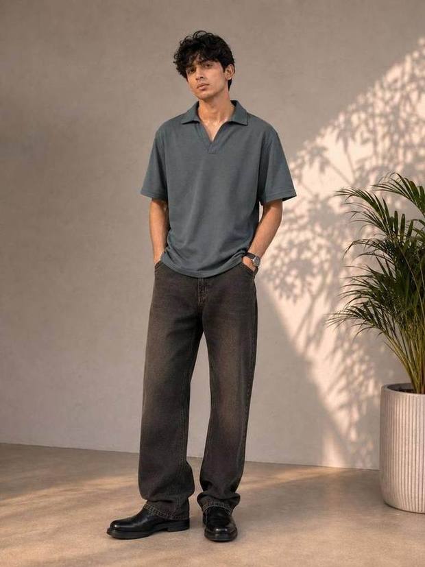 Knitted Open Collar Polo in Slate