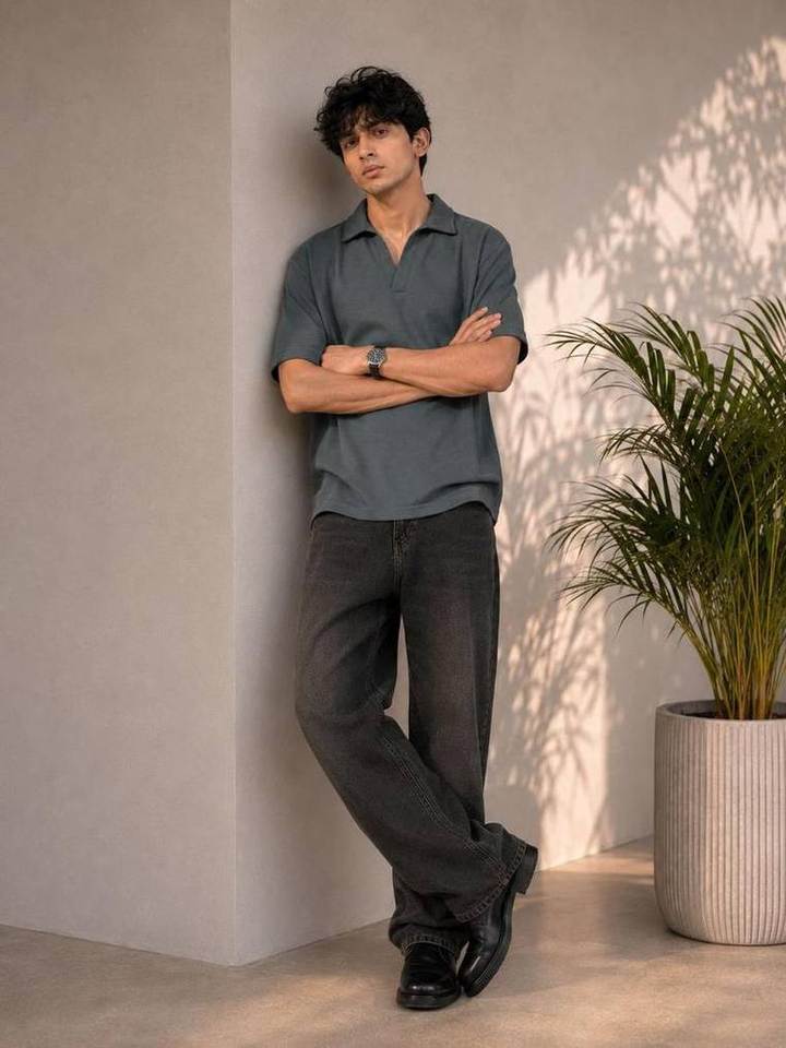 Knitted Open Collar Polo in Slate
